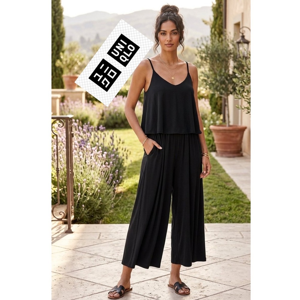 Uniqlo Womens Black V-Neck Layered Wide Leg Crop Jumpsuit XS Dark Academia